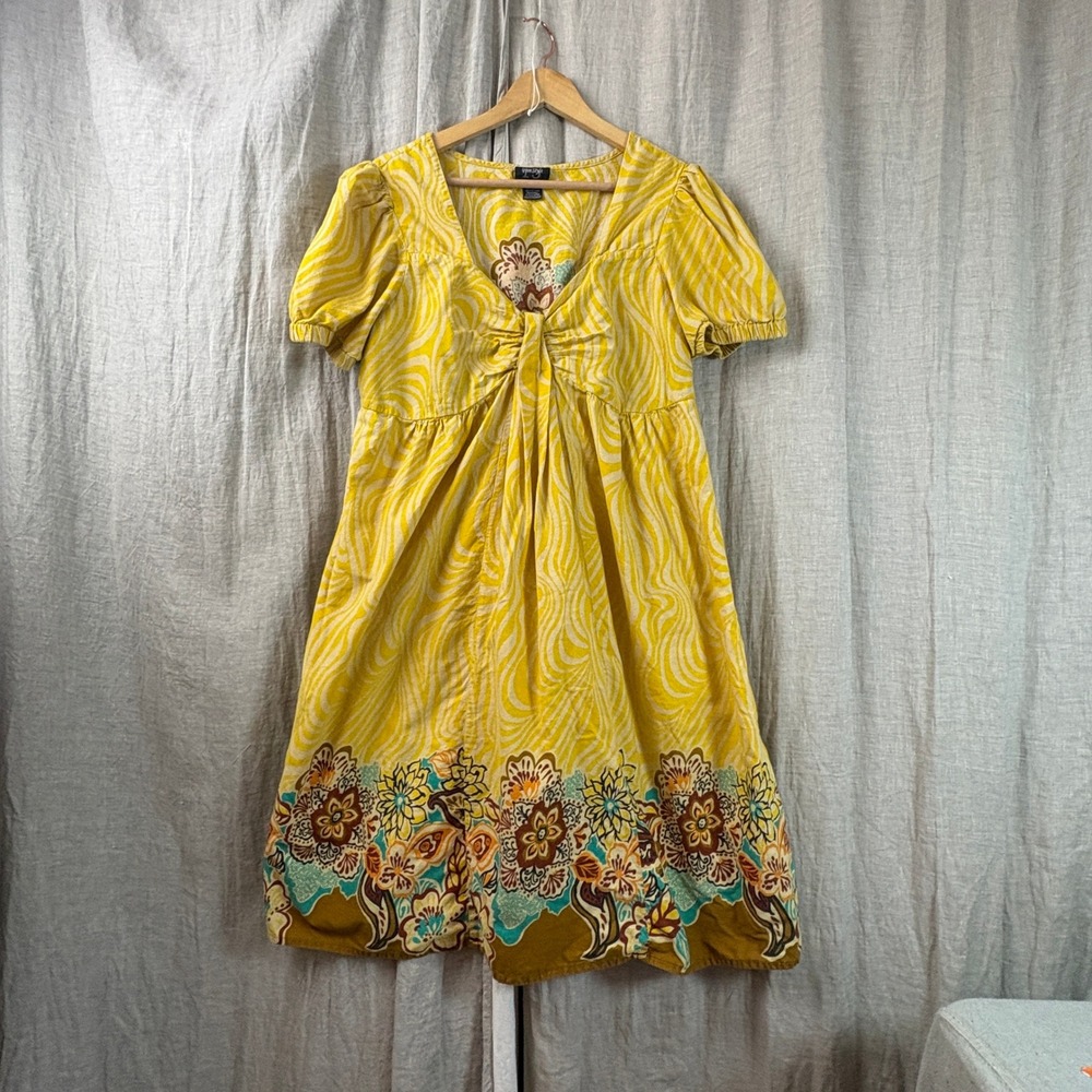 Free Style Womens Midi Dress Plus Sz 1X Yellow Floral Swirl Boho Empire Waist